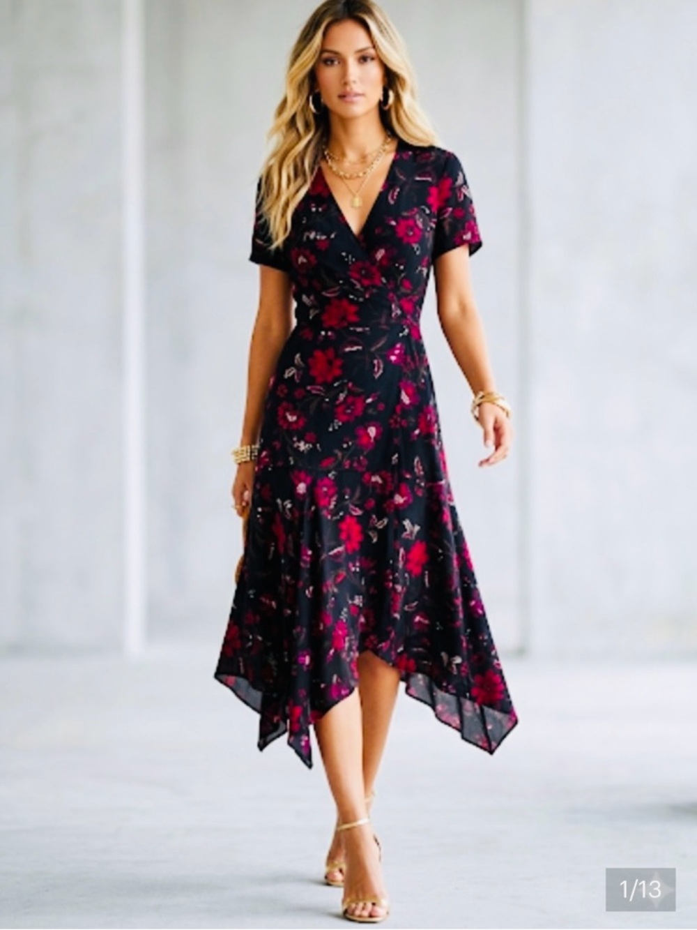 A.L.C. BLACK/RED FLORAL PRINT 100% SILK WRAP MIDI DRESS SIZE  0